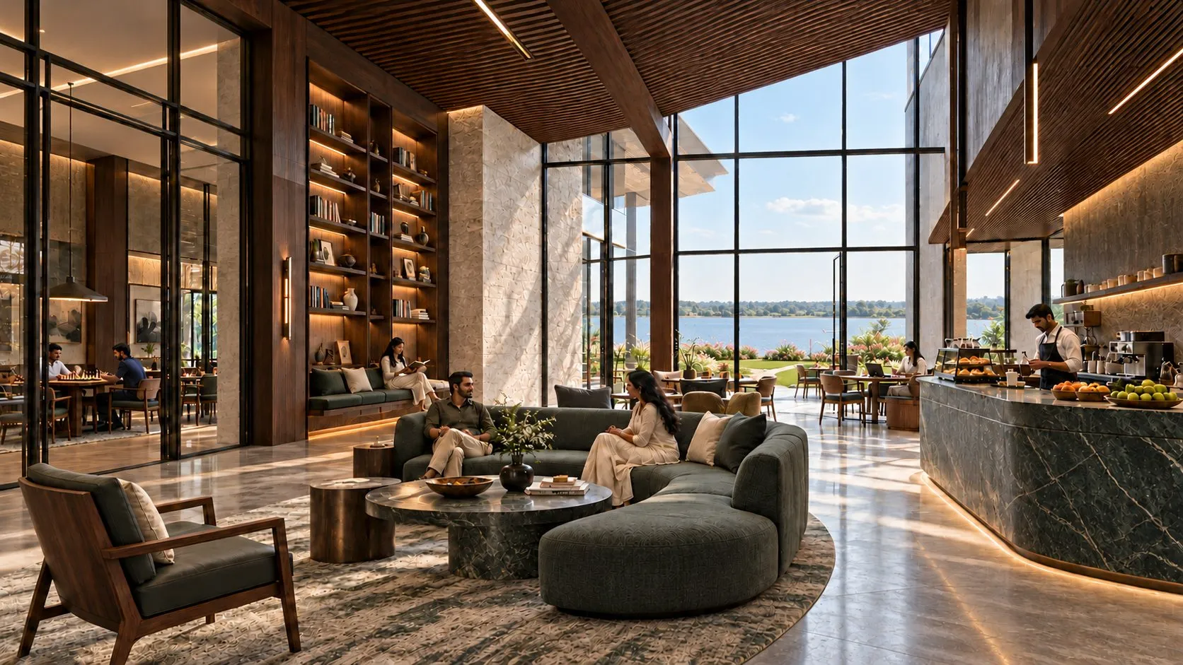 AI visualisation of the Manasarovar Club lounge: a double-height timber and stone interior with a café counter, library wall and lake views