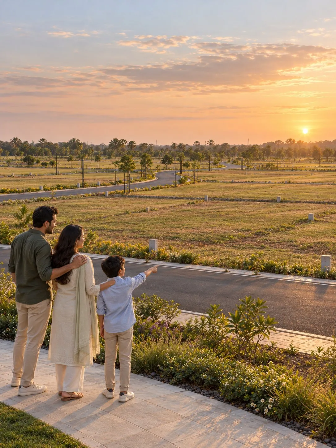 AI concept visualisation of a family on a landscaped walkway at sunset, their son pointing out across open plots and a winding tree-lined road