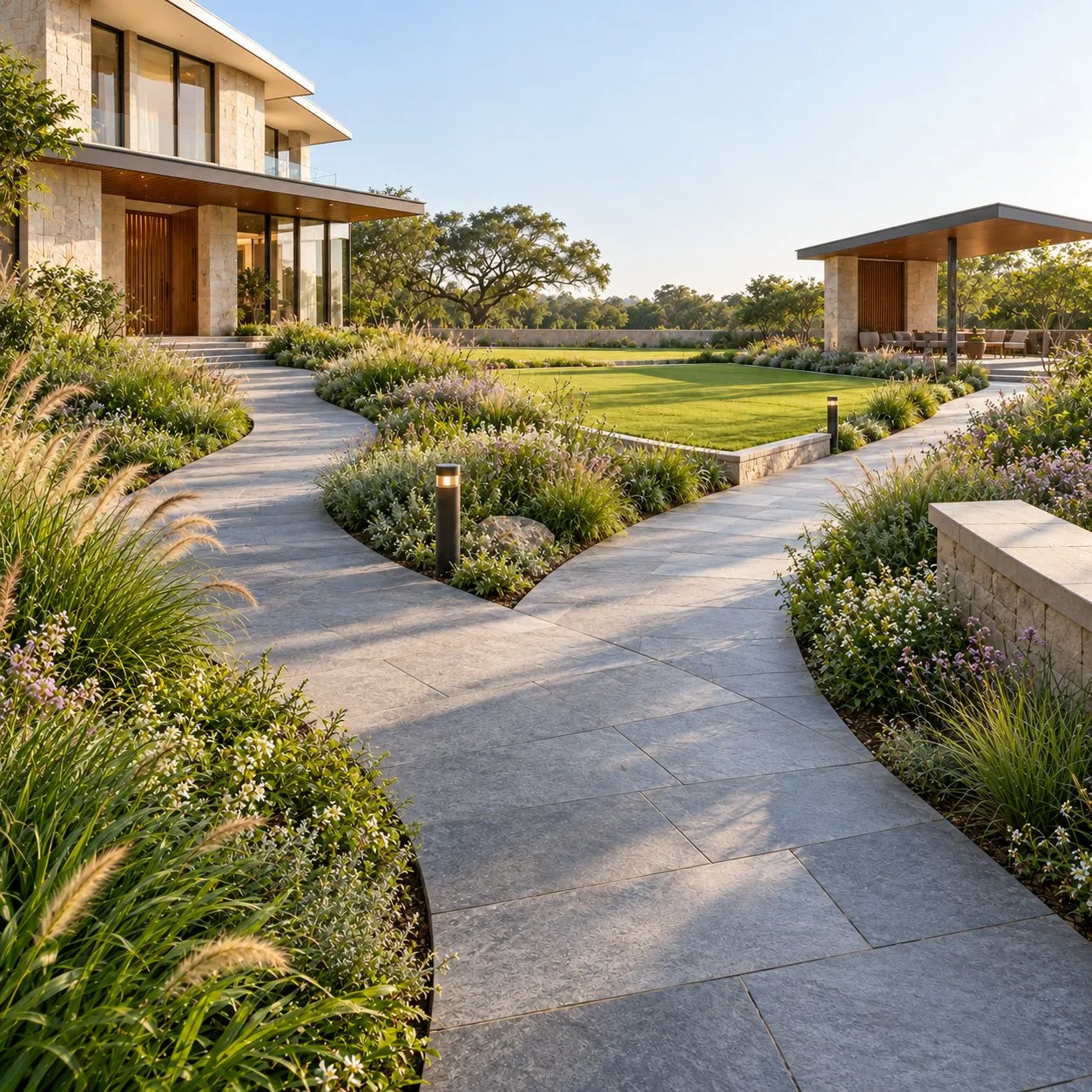 AI concept visualisation of stone pedestrian paths branching through planted beds towards an open lawn and a shaded pavilion, with a contemporary stone house beyond