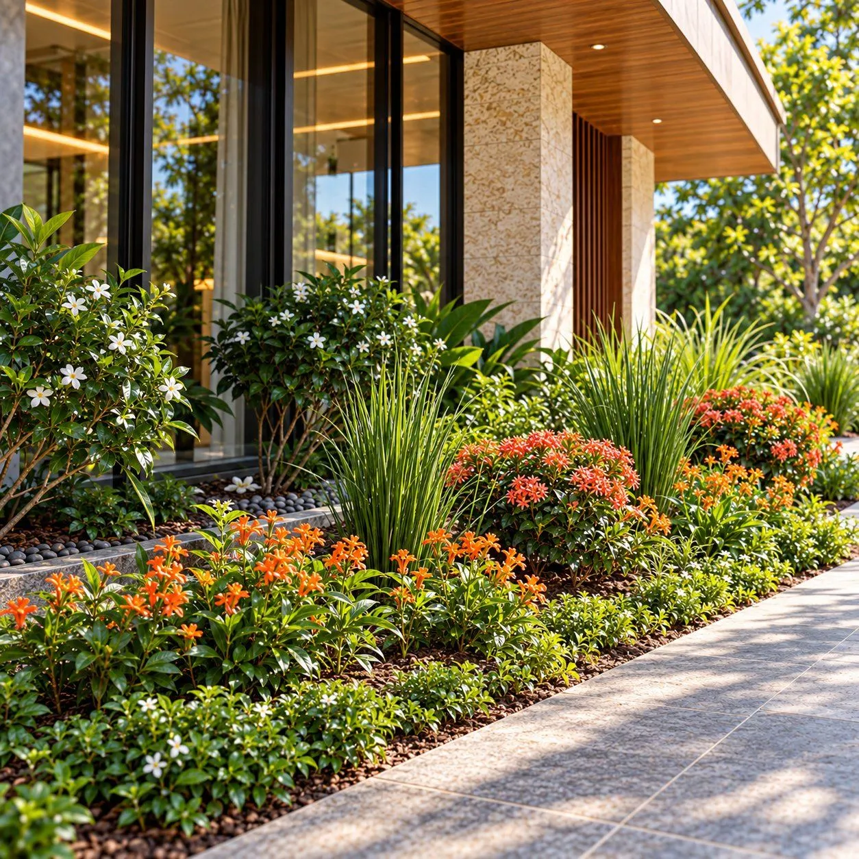 AI concept visualisation of a layered planting bed of jasmine, ixora, firecracker flowers and ornamental grasses along stone paving, beside a stone-clad pavilion with tall glazing