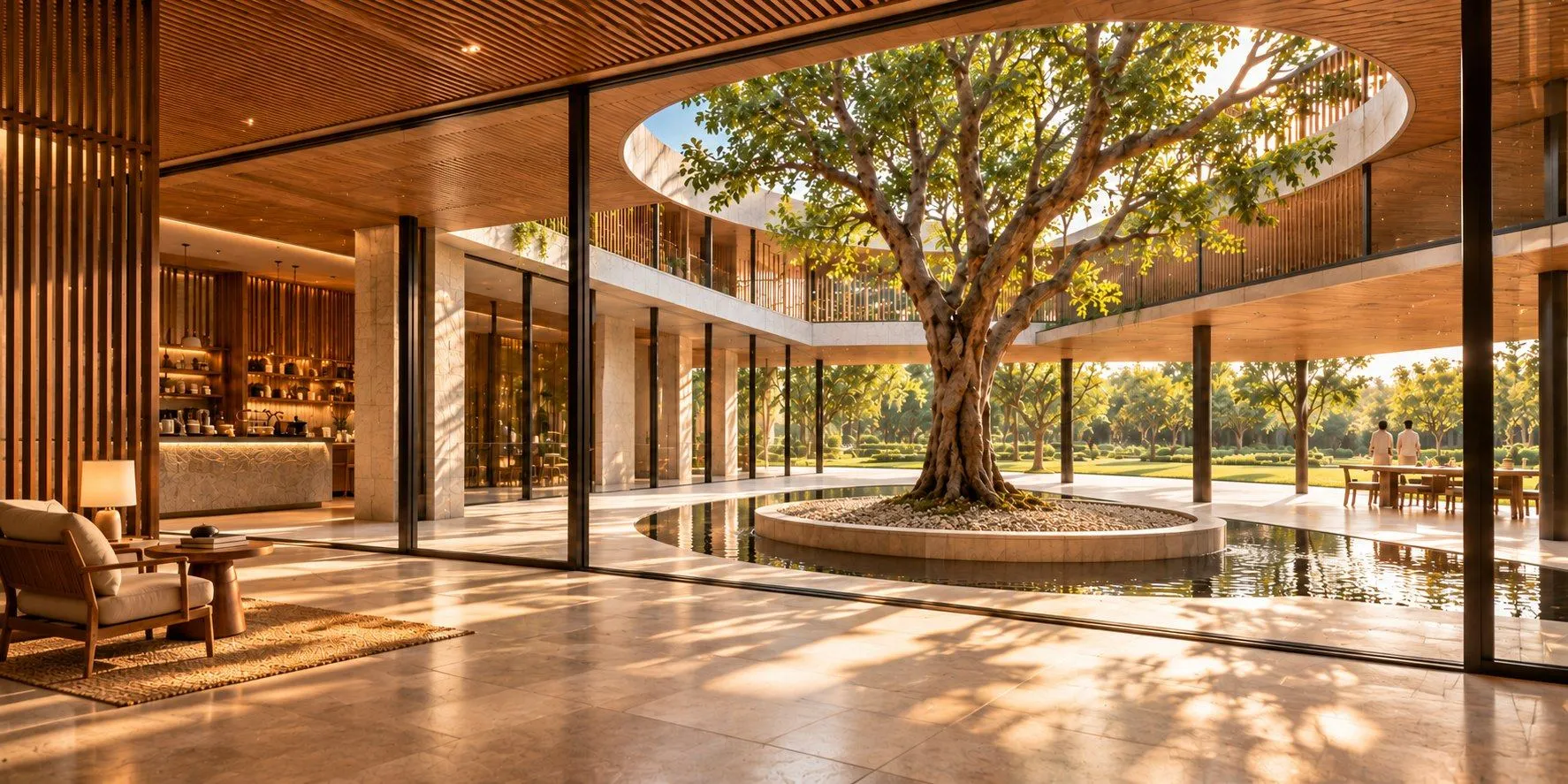 AI concept visualisation of a shaded courtyard around a mature tree, with a reflecting pool and a timber pavilion opening onto the lawns