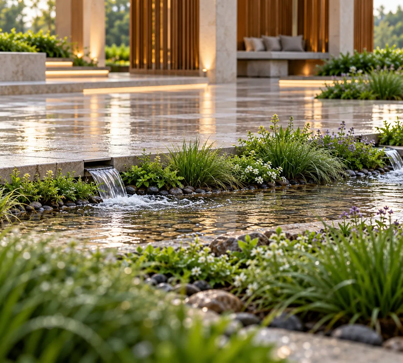 AI concept visualisation of rainwater running off stone paving into a planted, pebble-lined channel, with a timber pavilion behind