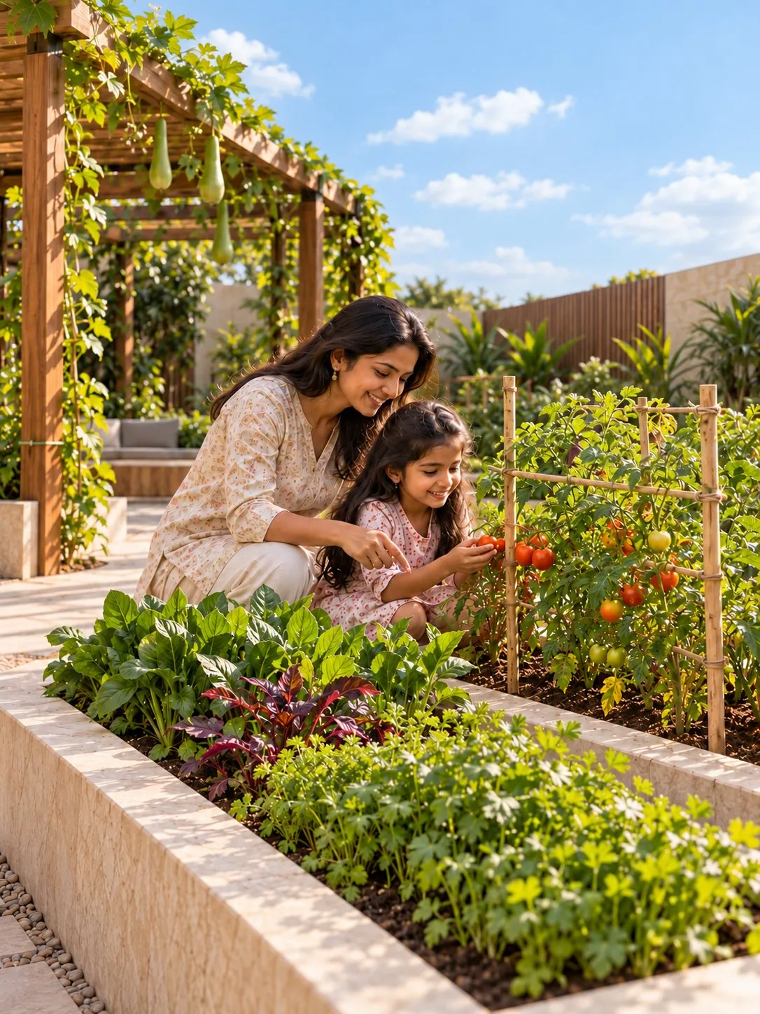 AI visualisation of a mother and daughter picking tomatoes from a raised kitchen-garden bed beneath a timber pergola