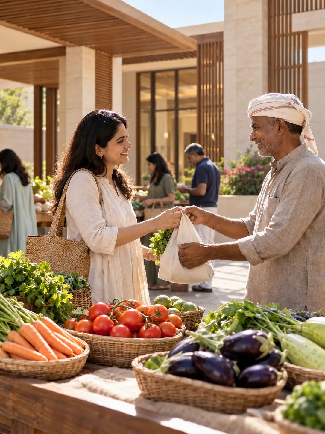 AI visualisation of a weekend produce market, with a resident buying greens from a farmer beside baskets of fresh vegetables