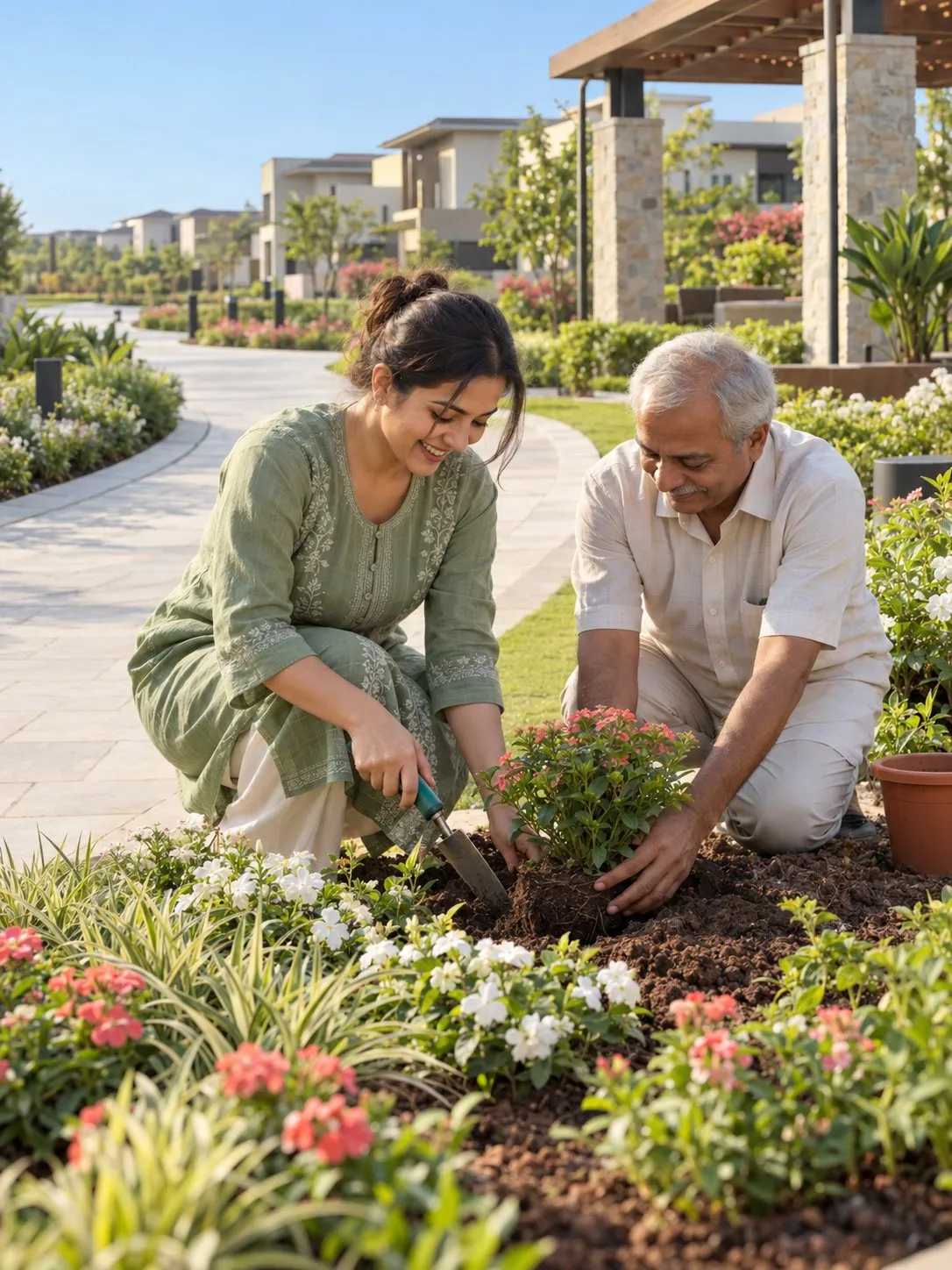 AI visualisation of a woman and an older man planting a flowering shrub together in a community garden bed
