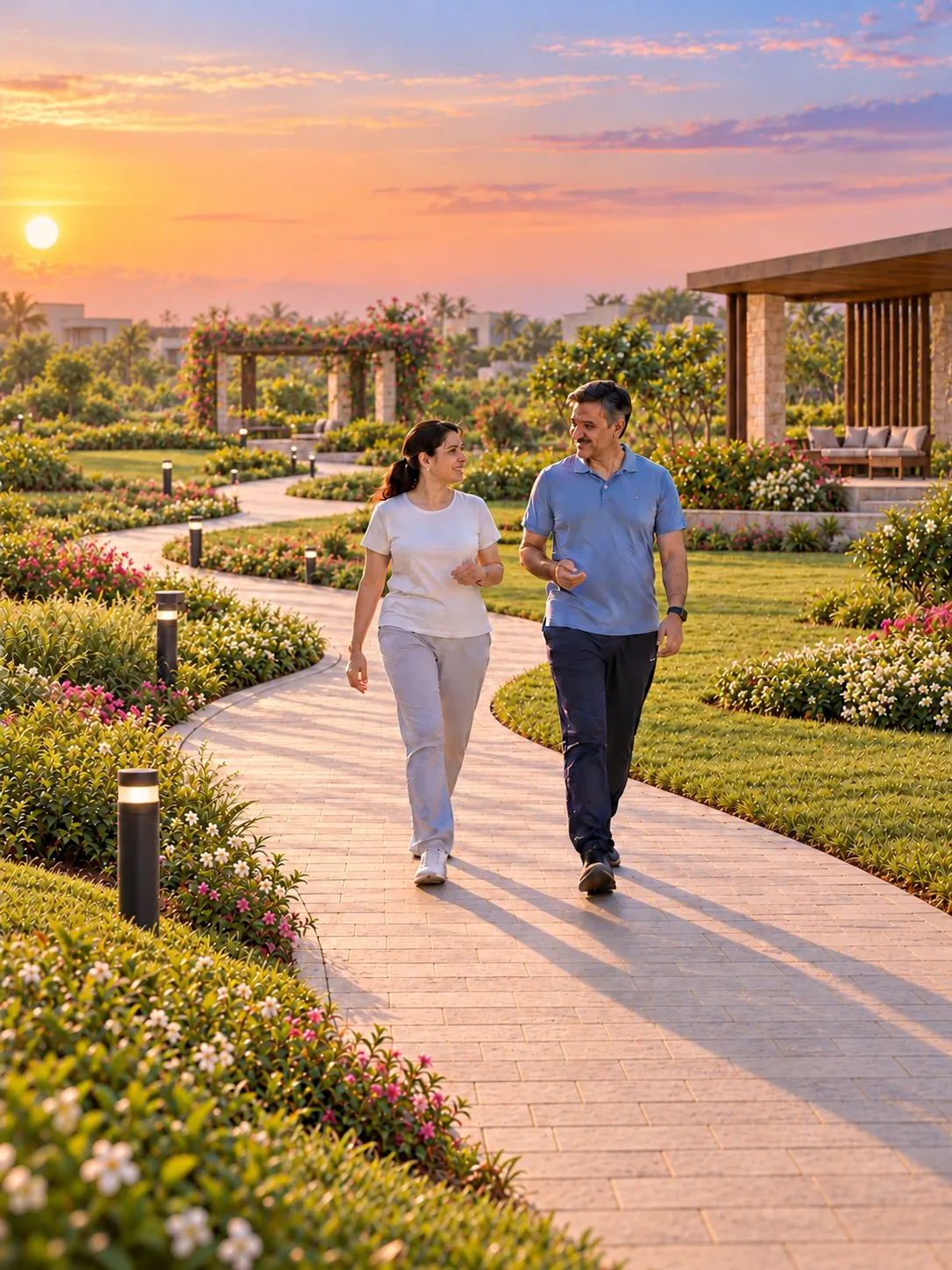 AI visualisation of a couple on an early walk along a landscaped path lined with flowering beds and low lights